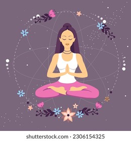 Woman meditation in lotus position with floral elements in outer space. Vector illustration