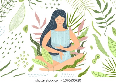 Woman Meditation In Nature Green Background. Natural Environment Green Relaxation Woman And Calmness.