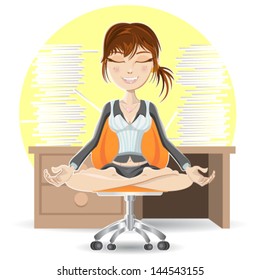 Woman Meditation At The Office Calming Down In Busy Environment