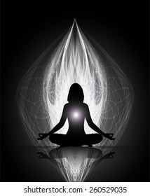 woman meditation on black abstract fire background. yoga.