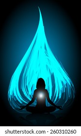 woman meditation on blue abstract fire background. yoga