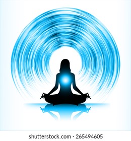 woman meditation on blue abstract background. yoga. white