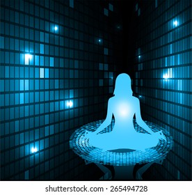 woman meditation on blue background. yoga. Mosaic, table, pixels background