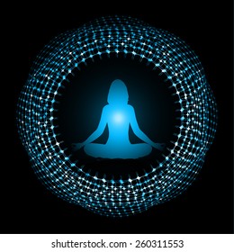 woman meditation on blue circle abstract background. yoga