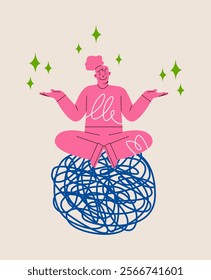 Woman in meditation on chaos mess line. Stress management concept. Colorful vector illustration
