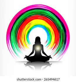 woman meditation on colorful abstract background. yoga. rainbow. white