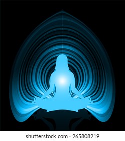 woman meditation on dark blue abstract background. yoga.