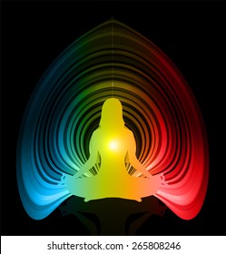 woman meditation on dark blue yellow red abstract background. yoga.