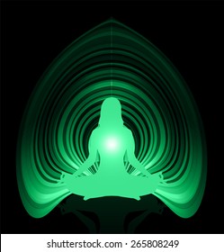 woman meditation on dark green abstract background. yoga.