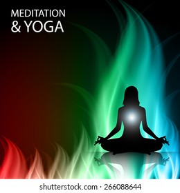 woman meditation on dark green blue red abstract fire background. yoga.