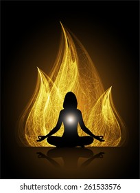 woman meditation on dark orange abstract fire background. yoga.