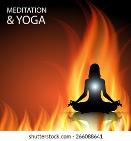 woman meditation on dark orange abstract fire background. yoga.