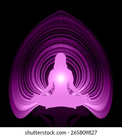 woman meditation on dark purple abstract background. yoga.