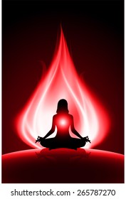 woman meditation on dark red abstract fire background. yoga.