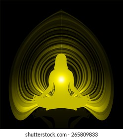 woman meditation on dark yellow abstract background. yoga.