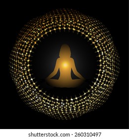 woman meditation on gold circle abstract background. yoga
