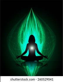 woman meditation on green abstract fire background. yoga.