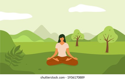 Woman meditation on nature. Yoga relaxation. Vector