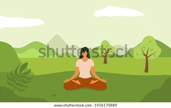 Woman\
meditation on nature. Yoga relaxation.\
Vector