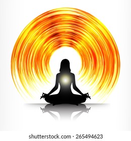 woman meditation on orange gold abstract background. yoga. white