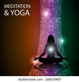 woman meditation on orange pink green background. yoga. Mosaic, table, pixels background