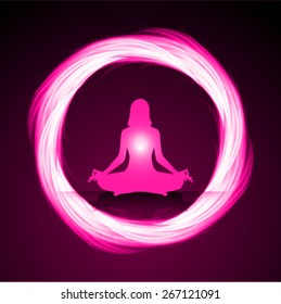 woman meditation on pink circle abstract background. yoga. 