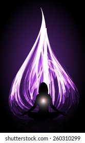 woman meditation on purple abstract fire background. yoga