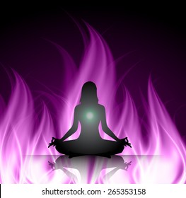 woman meditation on purple abstract background. fire. yoga. wave