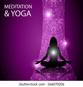 woman meditation on purple background. yoga. Mosaic, table, pixels background