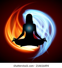 woman meditation on Symbol of yin and yang of background in the form of red and blue fire. 