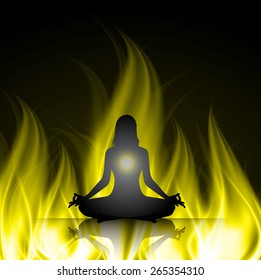 woman meditation on yellow abstract background. fire. yoga. wave