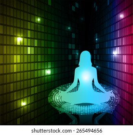 woman meditation on yellow blue pink background. yoga. Mosaic, table, pixels background