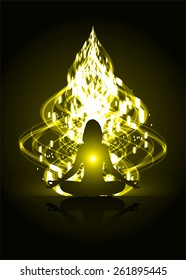 woman meditation on yellow fire background. yoga.