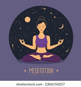 Meditación de la mujer con antecedentes en el espacio ultraterrestre. Fondo de astrología de brujería mágica. Ilustración del vector