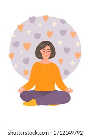 Woman meditation. Person sitting in lotus pose and meditating with flowers and hearts. Yoga, mindfulness, relax, calm, breathing exercises concept.