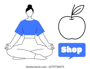 Woman in meditation pose with a blue outfit to convey tranquility. An apple symbol and a shop sign suggest health and well-being. Ideal for wellness, mindfulness, healthy lifestyle, online shopping