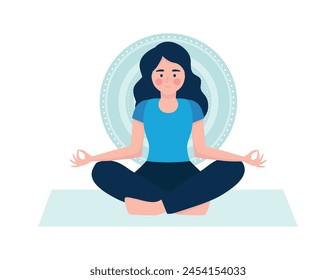 Woman in meditation pose isolated on rounded background. Concept illustration for yoga.