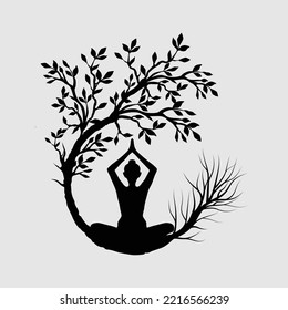 Women yoga pose with tree , bird and music. Tree of life yoga women with  bird and music Stock Vector
