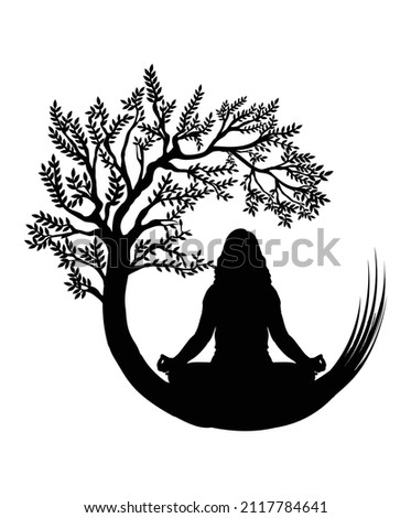 Woman meditation with round tree vector  for T-Shirt Design , Poster, Mug, calendar, book cover. meditation with tree silhouette. meditation nature.