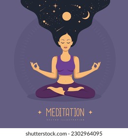 Woman meditation with Solar System inside long hair. Magic witchcraft astrology background. Vector illustration