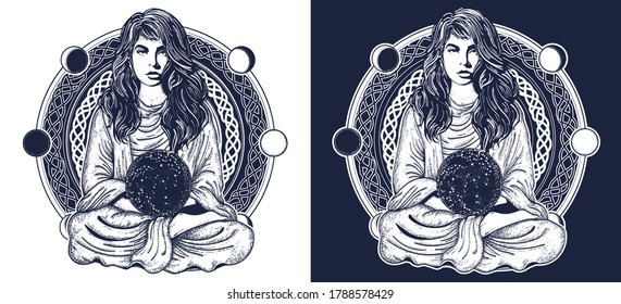 Woman meditation tattoo art. Girl in lotus pose. Symbol meditation, philosophy, astrology, magic, yoga. Black and white vector graphics 