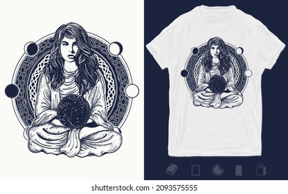 Woman meditation tattoo art. Girl in lotus pose. Symbol meditation, philosophy, astrology, magic, yoga. Vector graphics template. Hand drawn illustration 