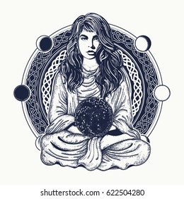 Woman meditation tattoo art. Girl in lotus pose. Symbol meditation, philosophy, astrology, magic, yoga 