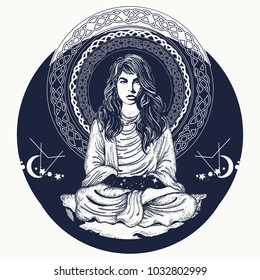 Woman meditation tattoo art and t-shirt design. Girl in lotus pose. Symbol philosophy, astrology, magic, yoga 