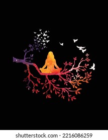 Woman meditation with tree and bird Graphic for T-Shirt Design , Poster, Mug, calendar, book cover. meditation watercolor vector 