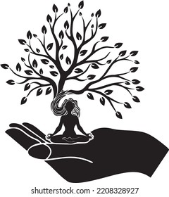 Woman meditation with tree vector for T-Shirt Design , Poster, Mug, calendar, book cover. meditation with tree and hand silhouette. meditation nature.