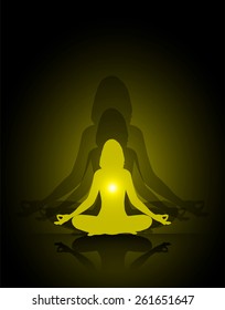 Woman meditation yellow abstract shadow background. yoga.