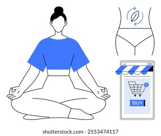 A woman in a meditative yoga pose. Nearby are symbols of weight loss tracking and online shopping. Ideal for wellness e-commerce yoga meditation fitness healthy lifestyle calm mind