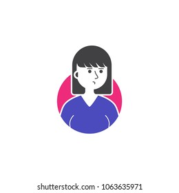 Woman medium straight cut with bangs black hair with wonder expression wearing blue shirt