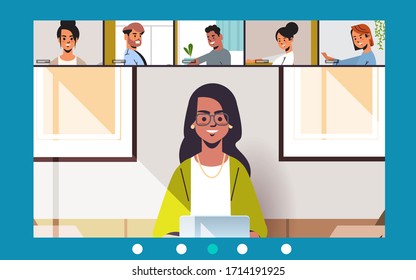 woman meeting with friends during video call Covid-19 pandemic coronavirus quarantine concept people having virtual fun live conference horizontal vector illustration